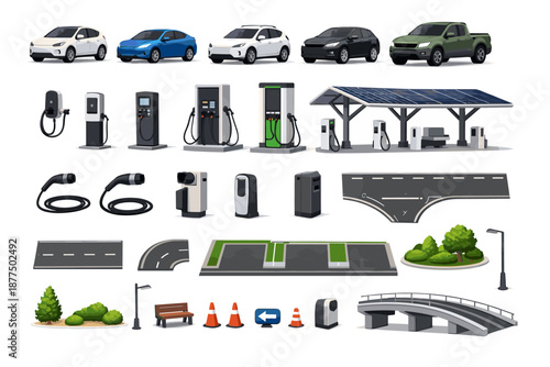 Collection of electric vehicle charging stations, cars, and urban infrastructure elements