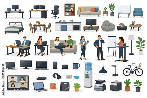 Diverse collection of home and office furniture, electronics, and people working remotely