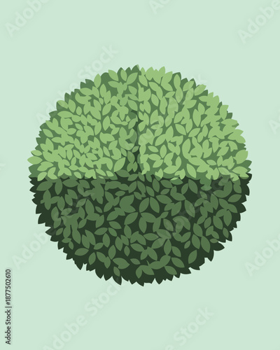 Circular foliage illustration, two distinct green leaf tones, symbolizing natural harmony and ecological balance, ideal for modern environmental design concepts