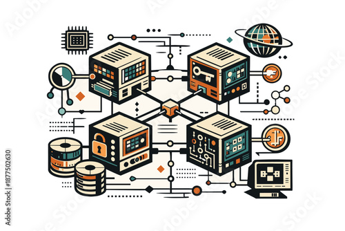 Abstract digital network connecting data blocks and computer systems