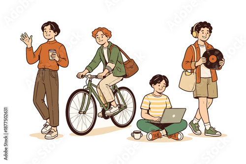 Diverse young adults enjoying leisure activities with coffee, cycling, and music