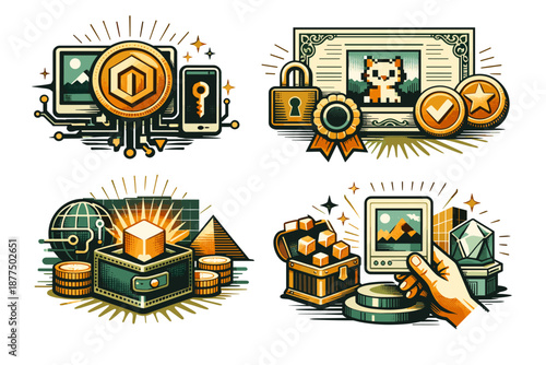 Digital assets and collectibles, blockchain technology, and cryptocurrency concepts