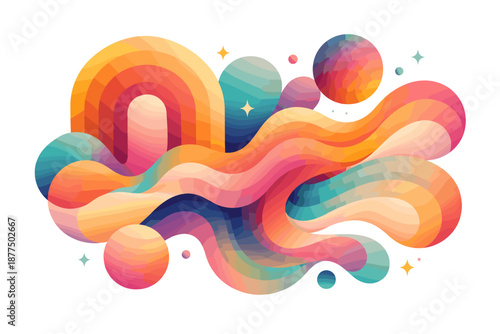 Vibrant abstract fluid shapes with a retro rainbow and colorful waves