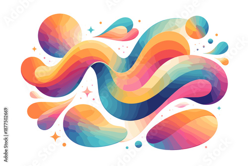 Vibrant abstract flowing shapes with a rainbow color palette and a playful feel