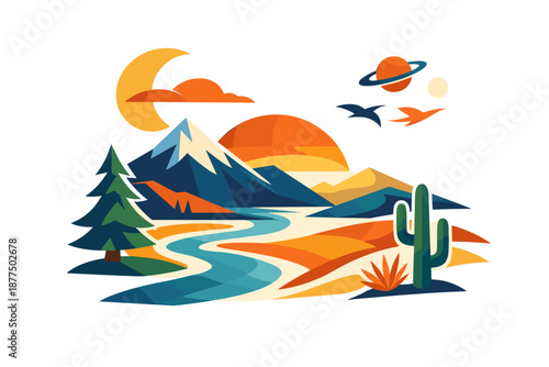 Stylized desert landscape with mountains, river, cactus, and celestial elements