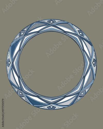 A sophisticated circular frame, artfully designed with an intricate geometric mosaic pattern in serene blue, gray, and white, embodying elegant continuity and abstract modernity