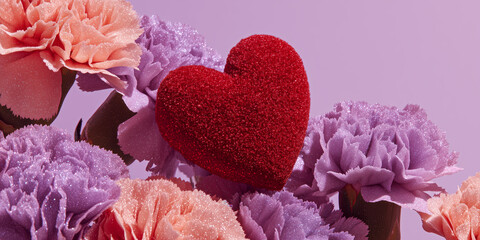red velvet heart resting among glittered pastel carnations for a surreal luxury Valentine's Day concept against a solid pale lavender background.