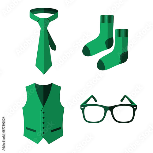 Green Tie Vest Socks and Glasses Flat Design.