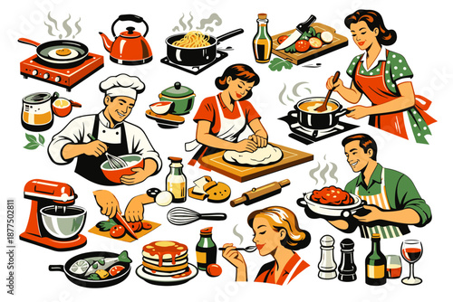 Retro-style illustration of people enjoying various cooking and dining activities