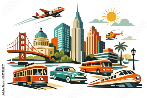 Diverse transportation modes set against a vibrant city skyline and iconic bridge