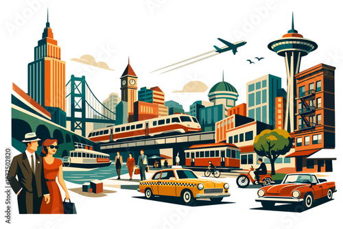 Vibrant cityscape illustration with diverse transportation and stylish people enjoying urban life
