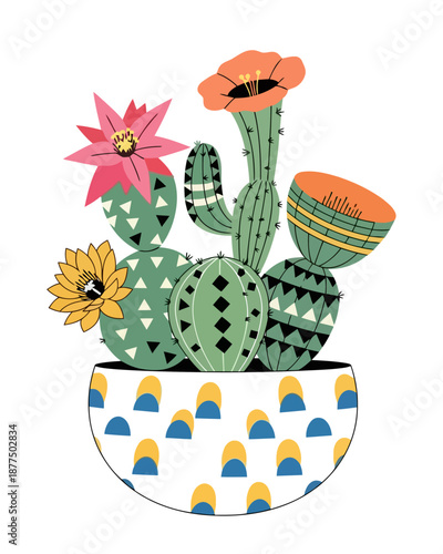 Vibrant stylized illustration of cacti in a decorative pot, adorned with colorful blooming flowers and intricate geometric patterns, celebrating resilient desert botanical charm