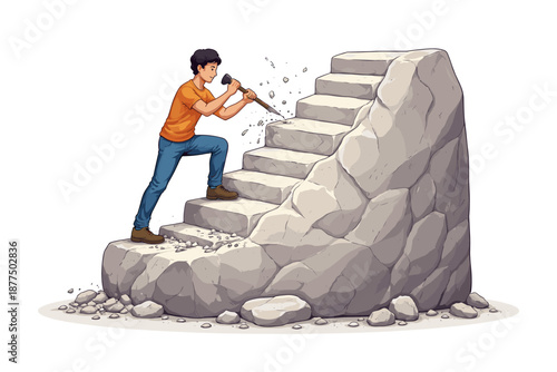 Man carving stone stairs with chisel, symbolizing hard work and progress