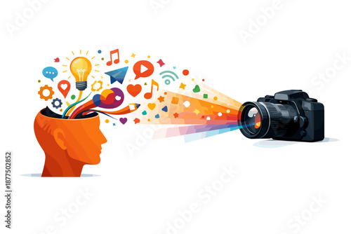 Creative mind projecting ideas and inspiration into a camera lens for photography