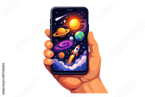 Hand holding a smartphone displaying a vibrant cosmic scene with planets and a rocket