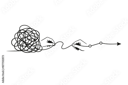 Hands untangling a messy thread into a straight line with progress points