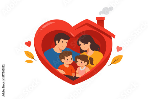 Loving family inside a heart-shaped home, symbolizing safety and togetherness