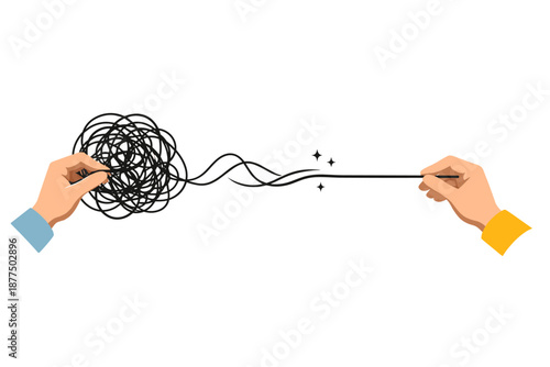 Hands untangling a messy knot into a straight line, symbolizing problem-solving
