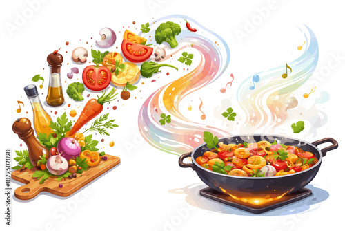 Vibrant ingredients transform into a delicious meal cooking in a wok with colorful steam