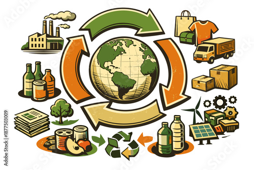 Circular economy concept with planet Earth and recycling arrows illustrating sustainable production and consumption