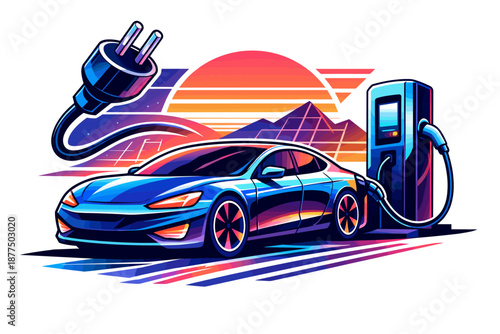 Electric car charging at a futuristic station with a vibrant sunset backdrop