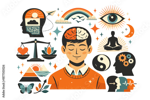 Mindfulness and mental well-being concepts illustrated with symbols and a meditating person