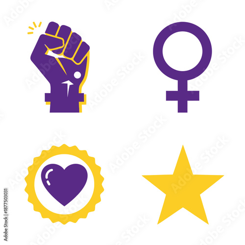 Feminist symbols fist female symbol heart and star.