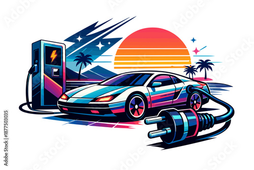 Retro electric sports car charging at a futuristic station with a sunset backdrop
