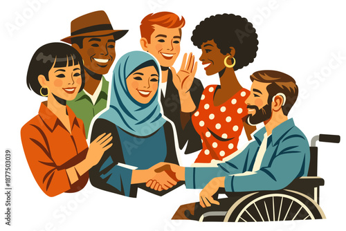 Diverse group of people celebrating unity and inclusion with a handshake and smiles