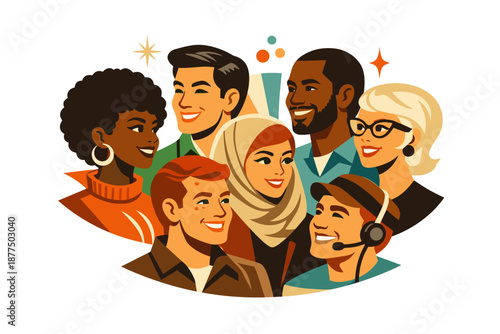 Diverse group of smiling people in a cheerful illustration, representing unity and community