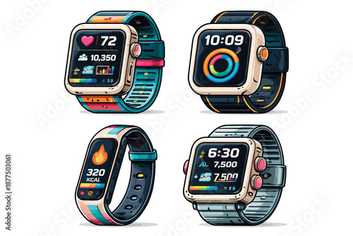 Collection of four colorful smartwatches displaying fitness data and time