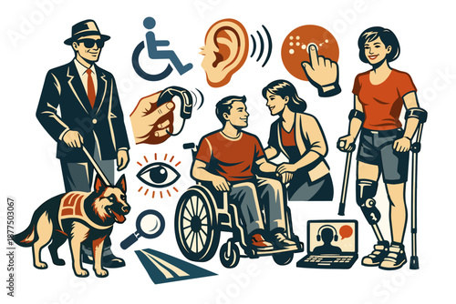 Diverse group of people with disabilities and assistive devices, symbolizing inclusion