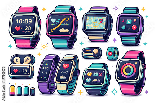 Collection of colorful smartwatches and accessories displaying various app interfaces and health data