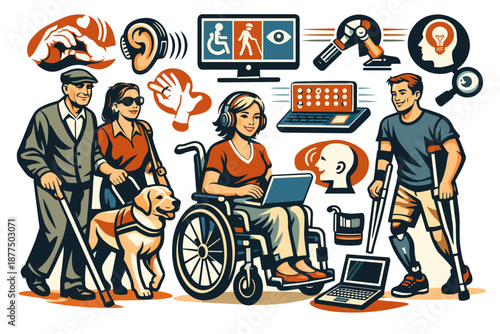 Diverse group of people with disabilities using assistive technology and aids