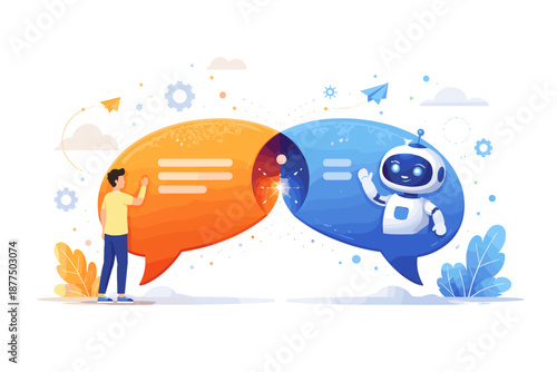Human and AI chatbot communication visualized through overlapping speech bubbles