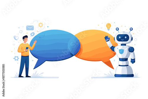 Man and robot communicating through speech bubbles, representing AI interaction