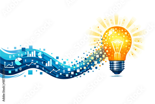 Digital data stream transforms into a bright idea lightbulb, symbolizing innovation