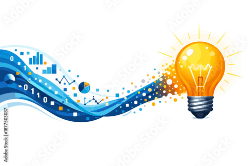 Data stream transforms into a bright idea lightbulb symbolizing innovation and insight