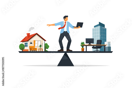 Businessman balancing work and home life on a scale, representing work-life balance