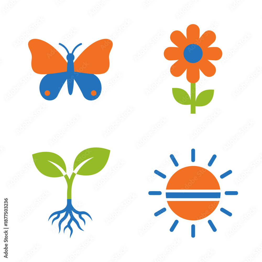 Naklejka premium Spring icons butterfly flower seedling sun.