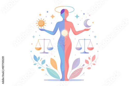 Symbolic representation of balance between day and night, sun and moon, and duality