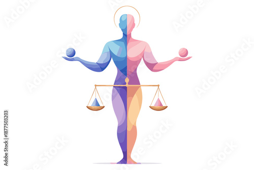 Abstract human figure balancing scales, representing duality and equilibrium