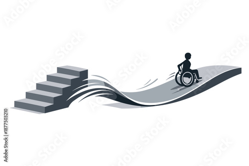 Silhouette of person in wheelchair navigating a ramp beside stairs, symbolizing accessibility