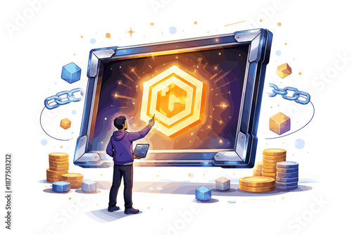 Man interacting with a glowing cryptocurrency symbol on a digital screen with blockchain elements