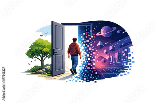 Man walks through an open door from nature into a digital futuristic cityscape