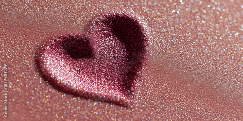 minimalist macro photograph of a subtle heart-shaped indentation glowing with soft pink light and micro glitter at the bottom of a solid warm ivory background