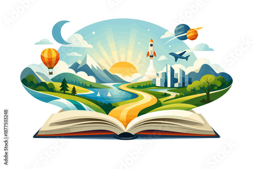Open book unfolds a world of adventure, from hot air balloons to rockets and cities
