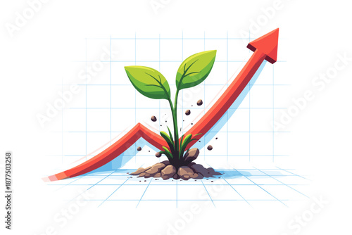 Green sprout growing from soil on a rising red arrow graph chart