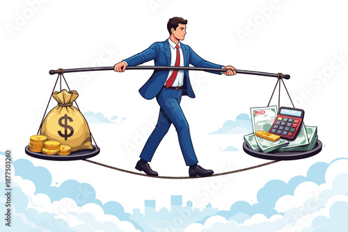 Businessman balancing money bag and bills on a tightrope over city skyline