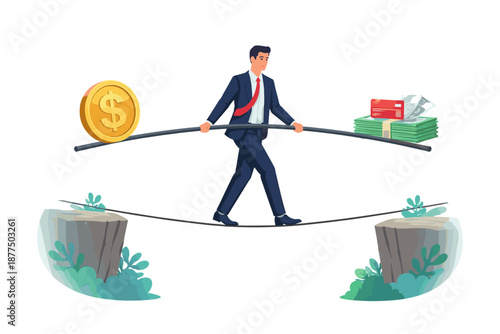 Businessman balancing on tightrope with money and coin, representing financial risk